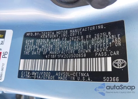 2012 Toyota Camry Le из США, поврежденный, VIN 4T1BF1FK2CU500658